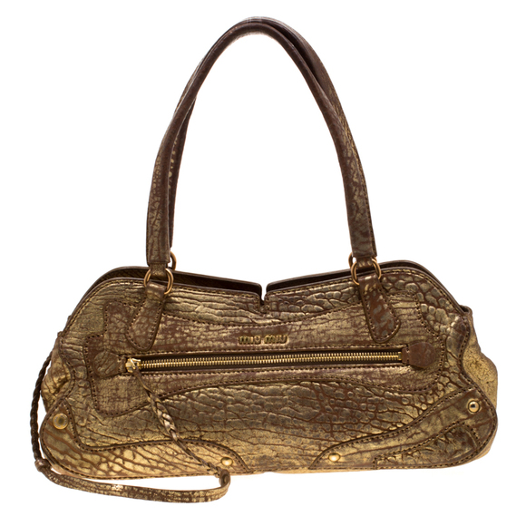 Miu Miu Bags Miu Miu Gold Metallic Distressed Leather Shoulder Bag